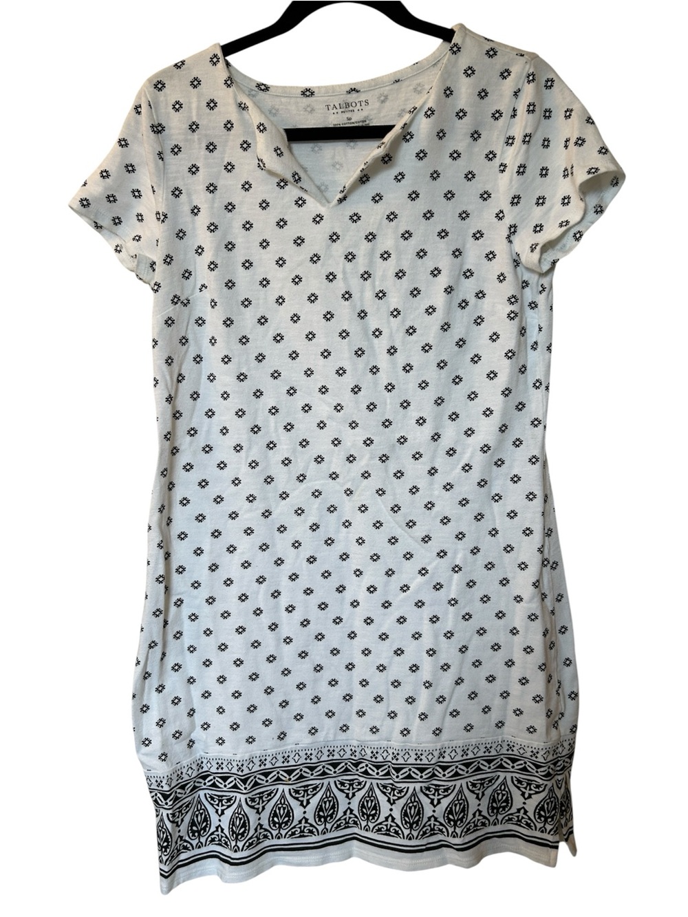 Talbots White Short-Sleeve Printed Shift Dress with Black Border size SP small